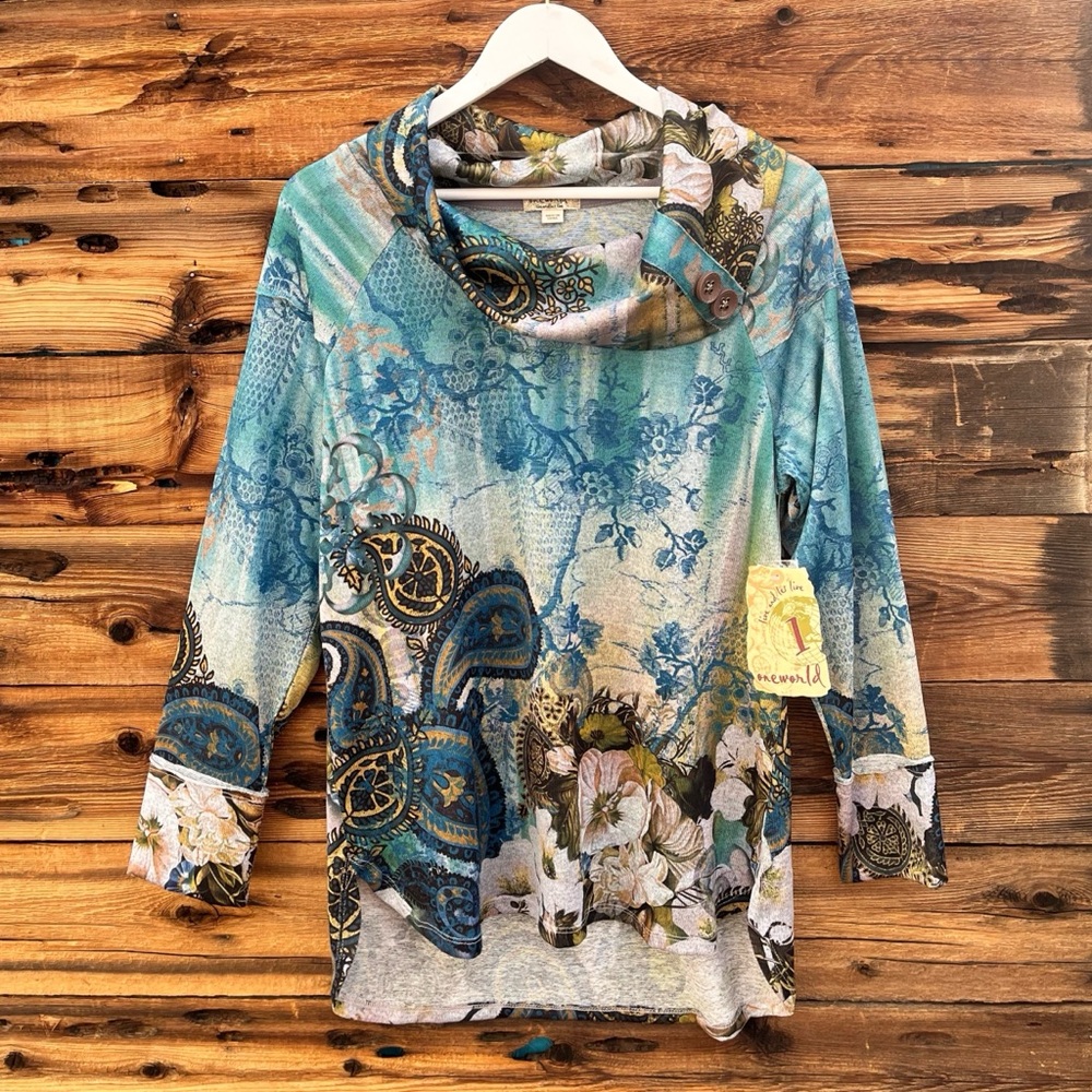 ONE WORLD | NWT Blue Cowl Scarf Neck 3/4 Sleeve Blouse L
